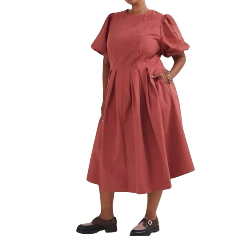 ANTHROPOLOGIE Eri + Ali Corset-Seamed Midi Dress Brick Red Puff Sleeves - Sz 24W